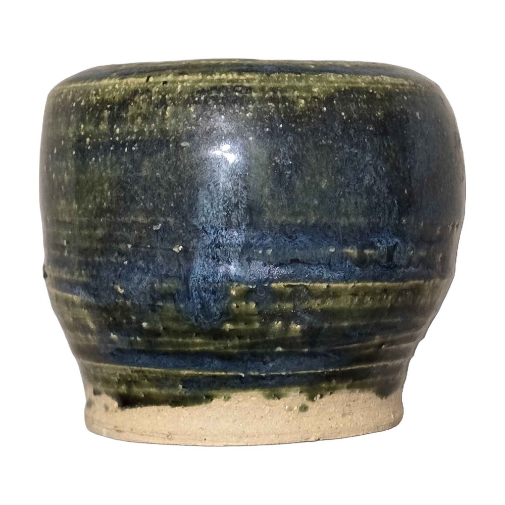Handmade Studio Pottery Blue And Green Glaze Small Round Pot Planter Vessel C